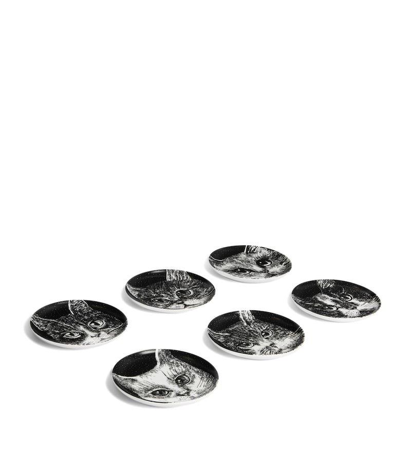 Fornasetti set of 6 porcelain trinket trays with feline figures, 10cm diameter - British product