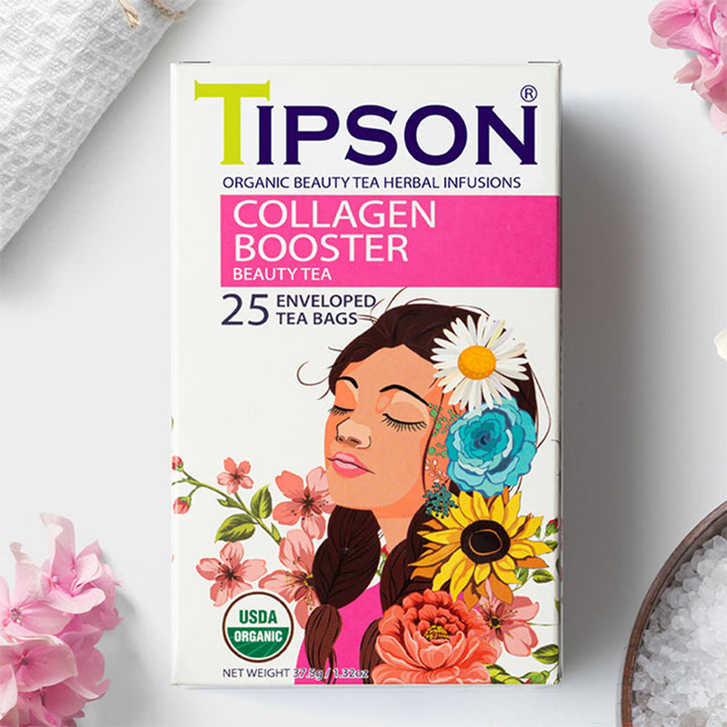 Tipson organic collagen booster tea 25 enveloped tea bags, imported from the UK