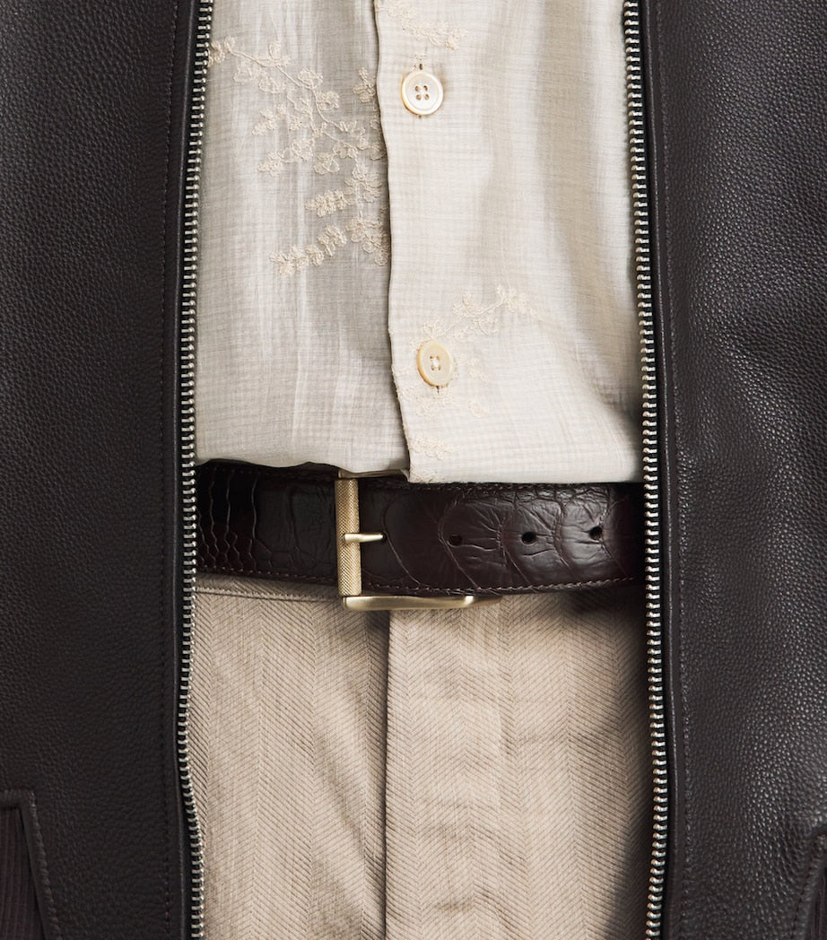 Elliot Rhodes ostrich leg leather belt with mottled detailing (British brand)