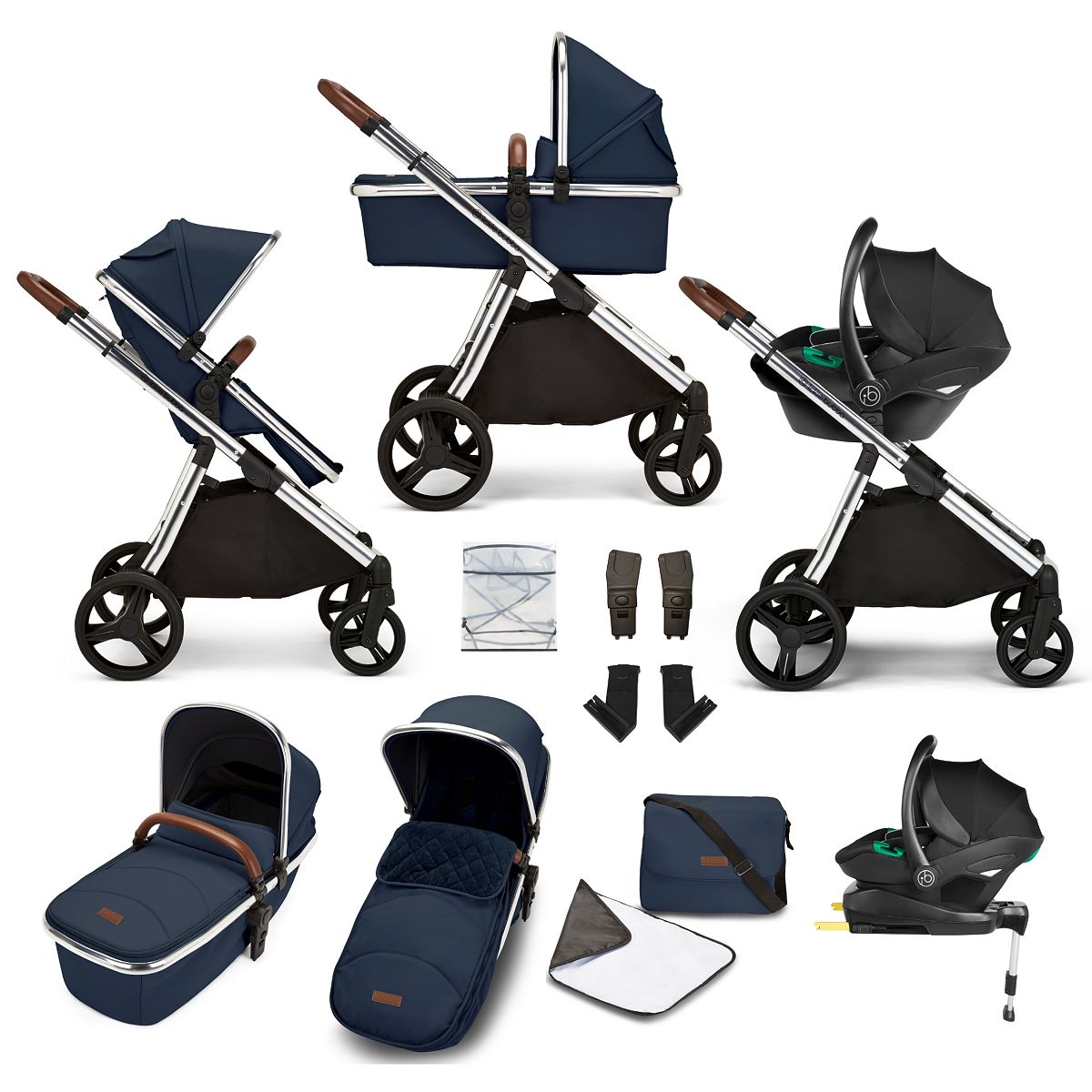 Ickle Bubba - Eclipse All-in-One I-Size Travel System with Isofix Base (Stratus) - Chrome / Midnight Blue / Tan GOODS Boots   