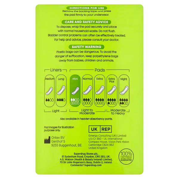 Superdrug Mini Incontinence Pads 20 pack (British brand)