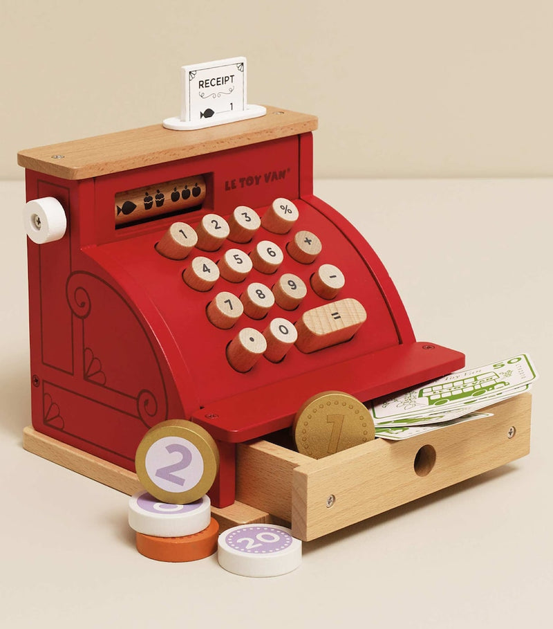 Le Toy Van wooden shop till cash register with money, imported from the UK