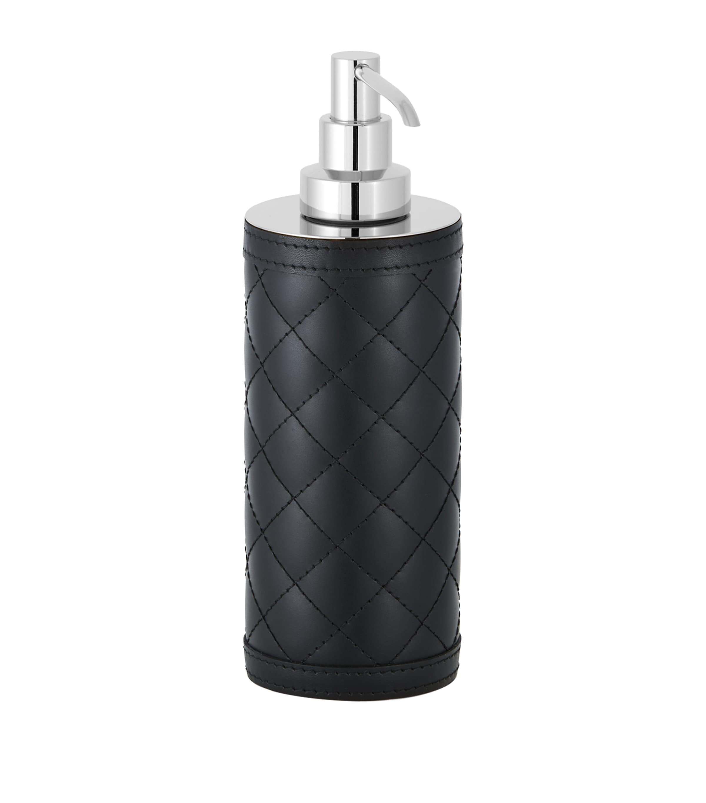 Quilted Soap Dispenser with Leather Panels and Chrome-Plated Brass