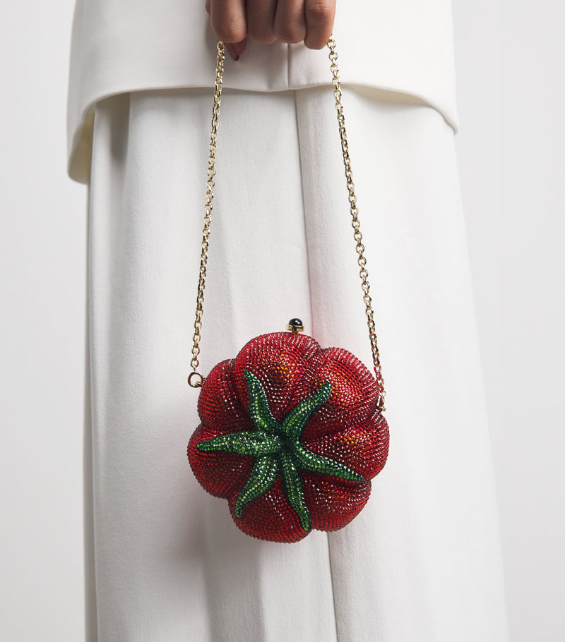 Judith Leiber tomato clutch bag, imported from the UK