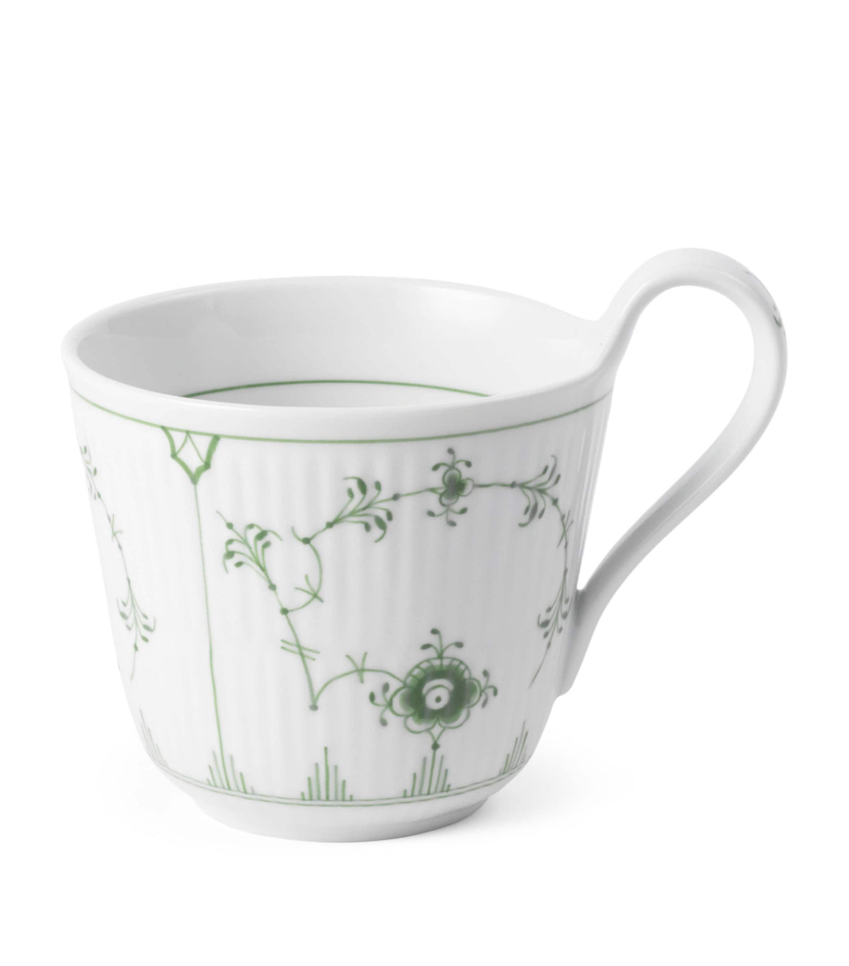 Royal Copenhagen porcelain green fluted plain high-handle cup, imported from the UK