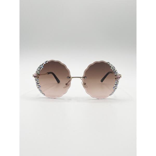 SVNX oversized round frameless sunglasses with gold frame and brown lenses - British product