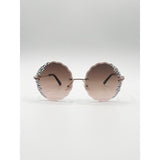 SVNX oversized round frameless sunglasses with gold frame and brown lenses - British product