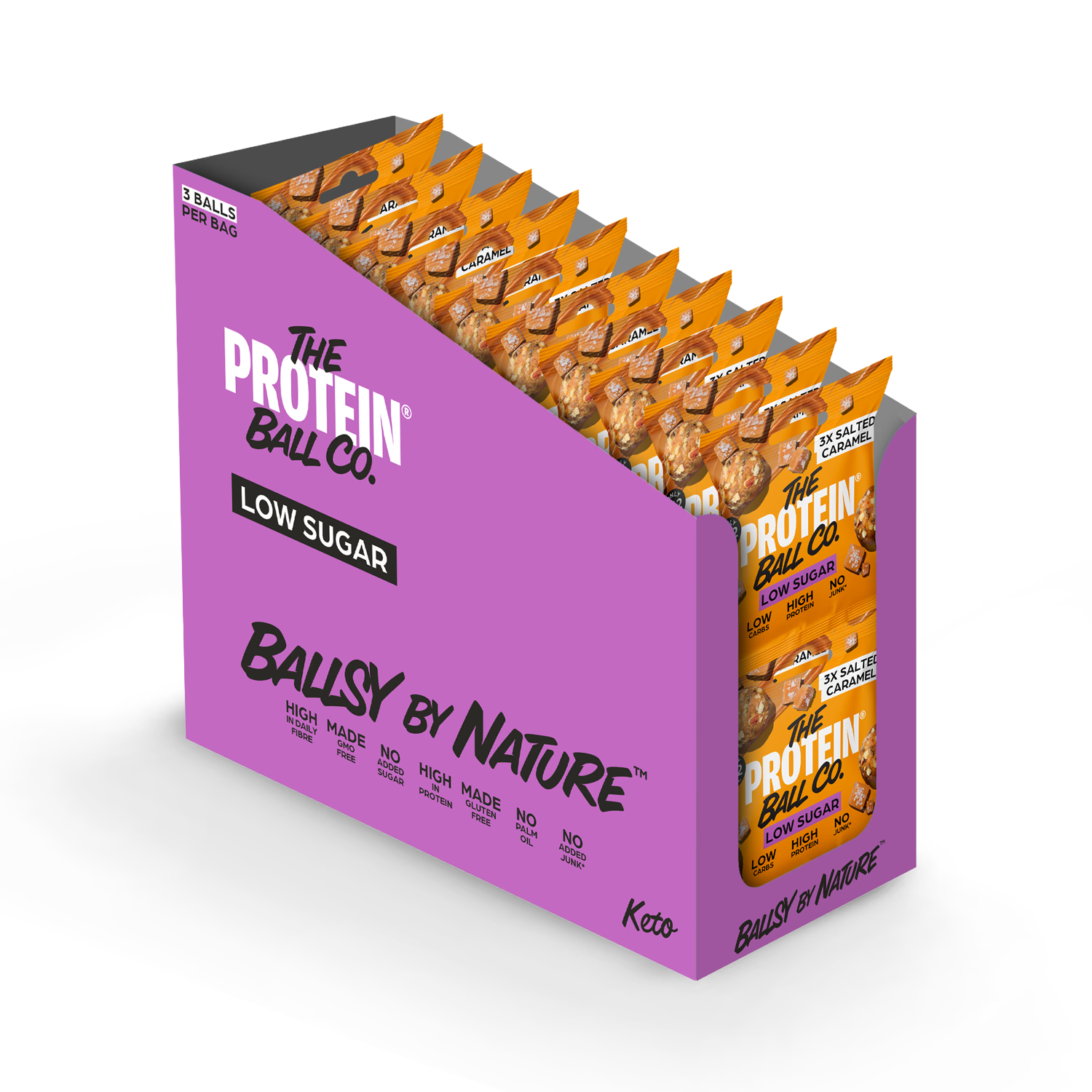 Ballsy salted caramel low sugar snack balls 20-pack, imported from the UK