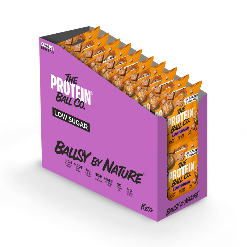 Ballsy salted caramel low sugar snack balls 20-pack, imported from the UK