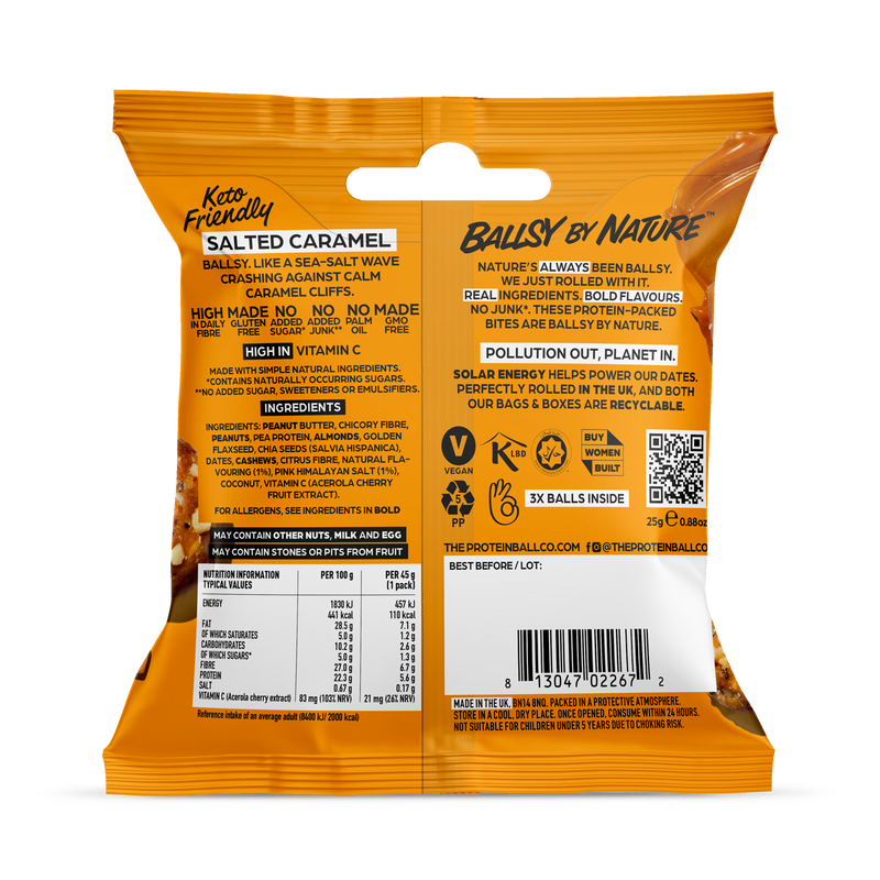 Ballsy salted caramel low sugar snack balls 20-pack, imported from the UK