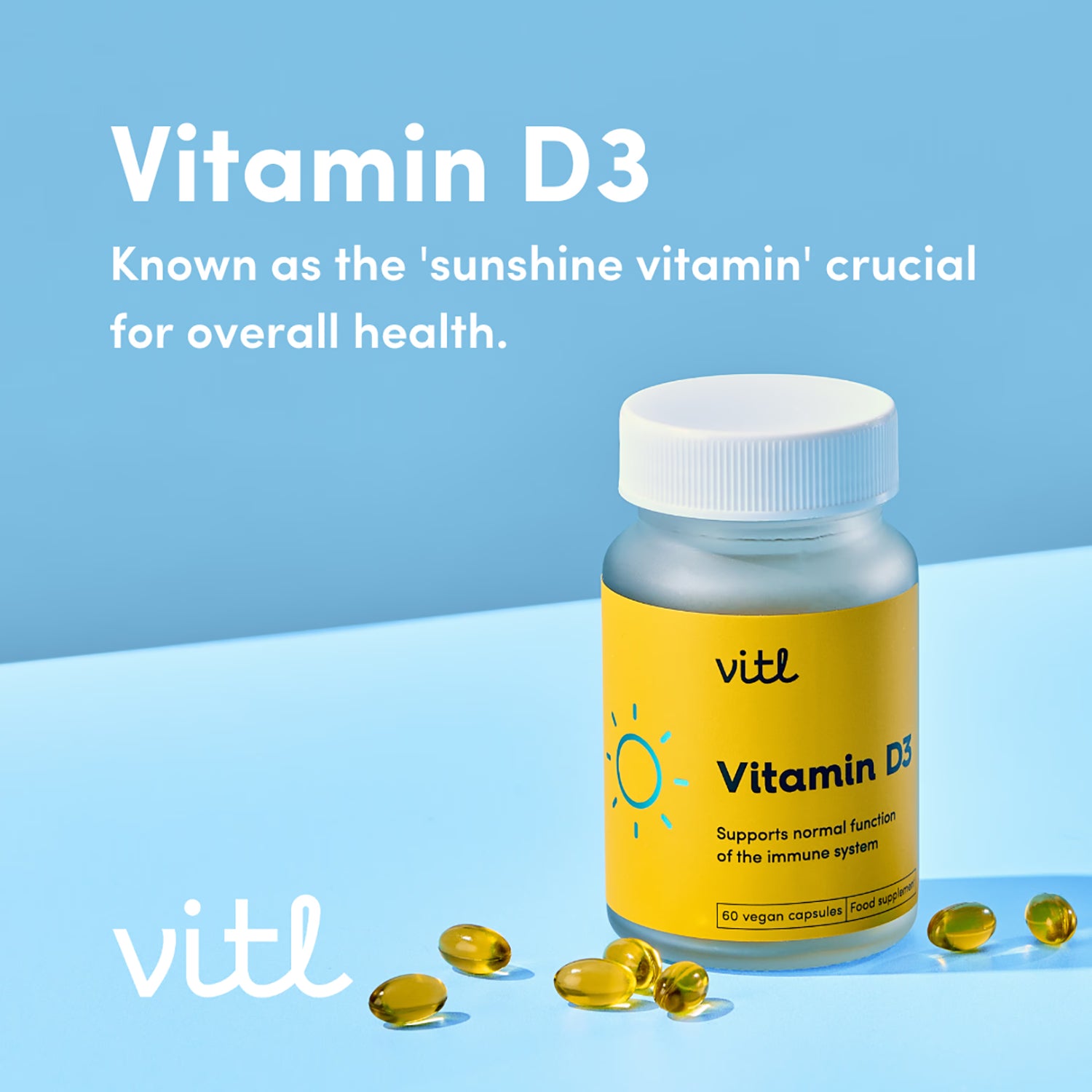 Vitl Vitamin D3 1000iu softgels 60-day supply, imported from the UK
