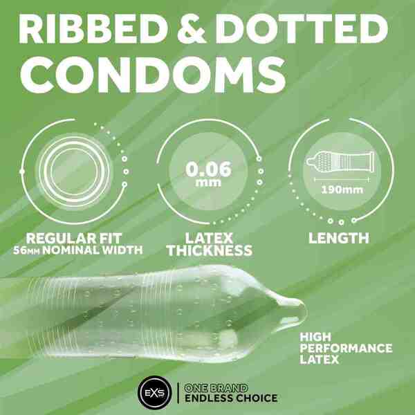 EXS ribbed dotted flared condoms 56 pack (British brand)
