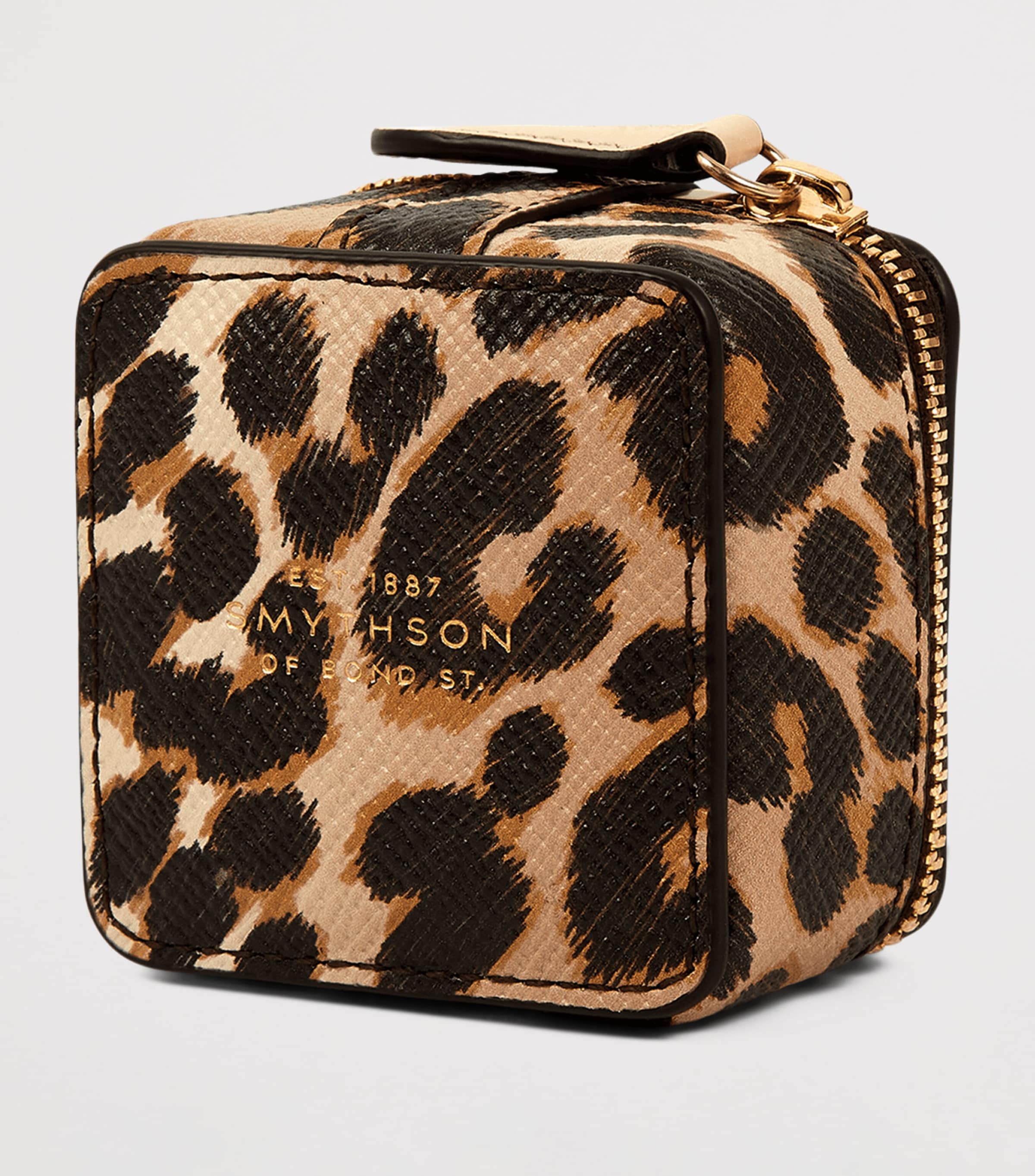 Smythson leopard print crossgrain leather trinket case, imported from the UK