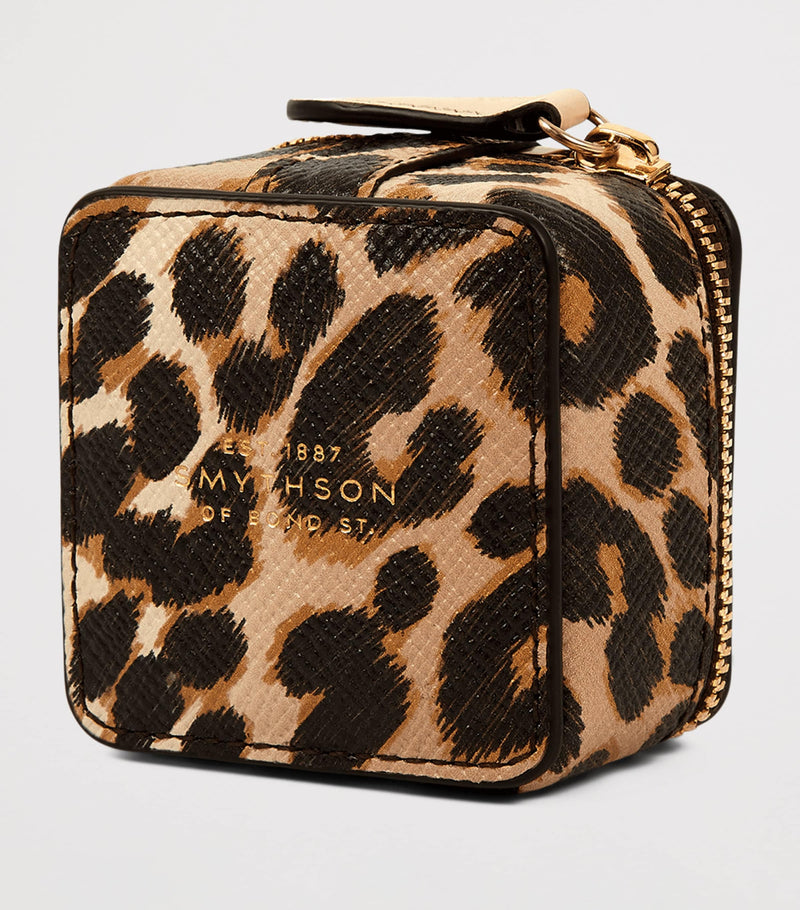 Smythson leopard print crossgrain leather trinket case, imported from the UK