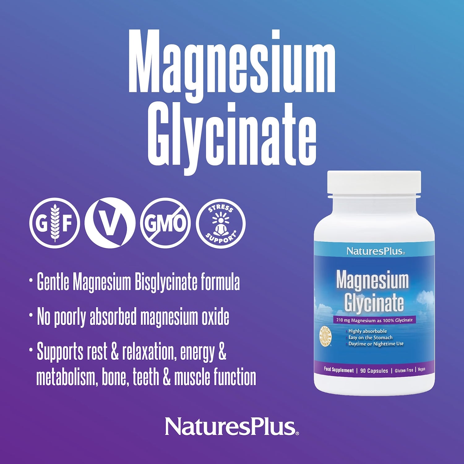 NaturesPlus Magnesium Bisglycinate capsules 90 count (British brand)