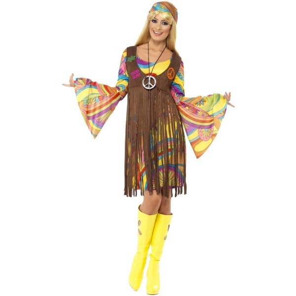 Smiffys 1960s Groovy Lady costume brown dress waistcoat headband, UK version