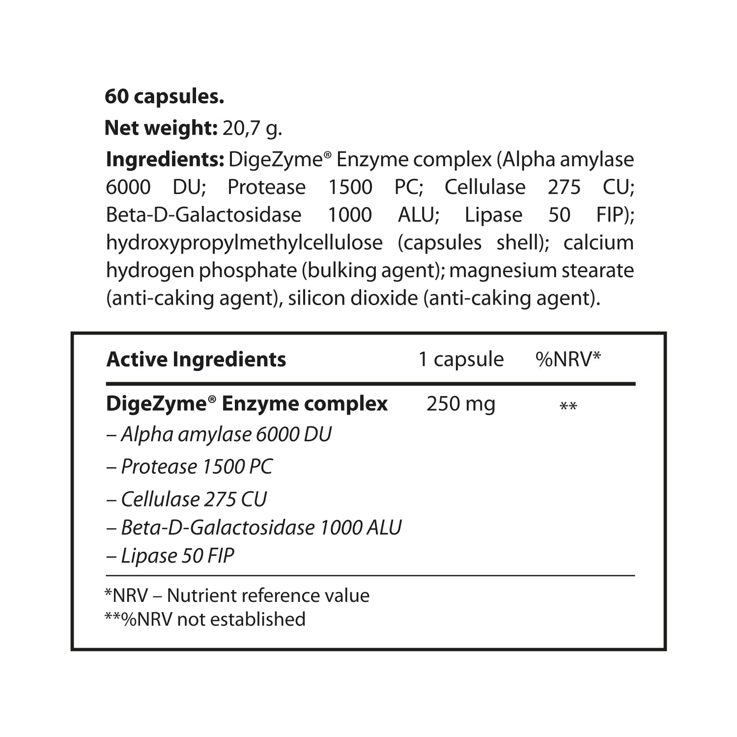 Mindly DigeZyme enzyme complex 250mg 60 capsules, UK version