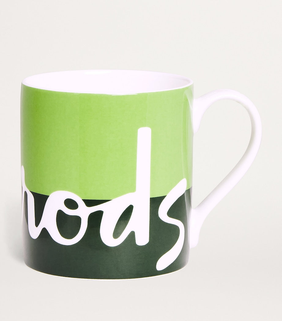 Harrods green ceramic mug with logo design and hidden message, 9cm x 8.5cm, UK version