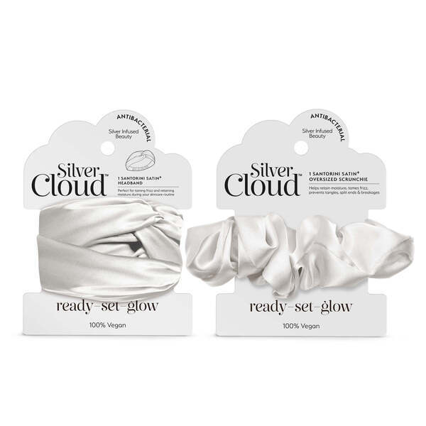 Silver Cloud Santorini Satin+ headband and scrunchie white, imported from the UK