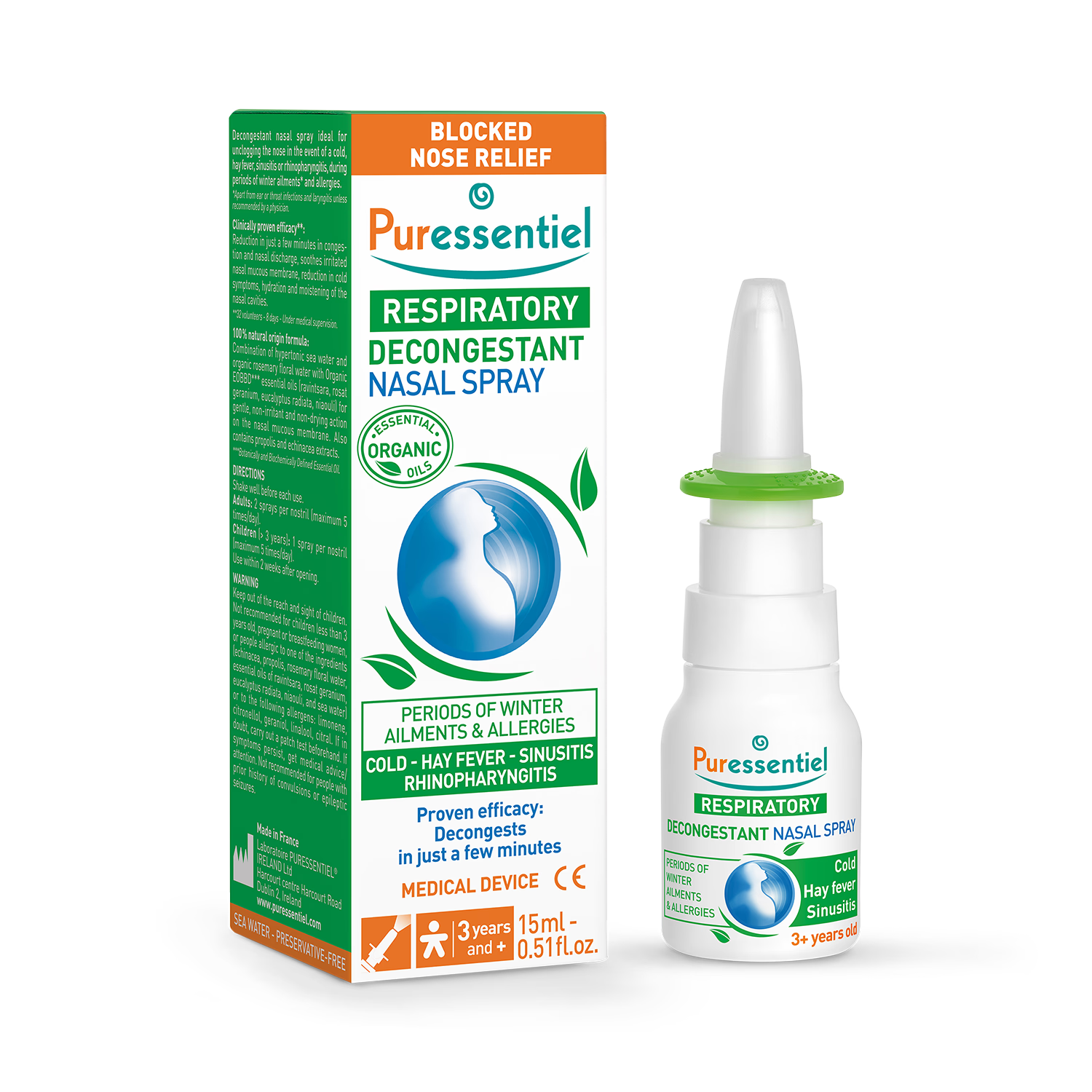 Puressentiel Respiratory Decongestant Nasal Spray 15ml, imported from the UK