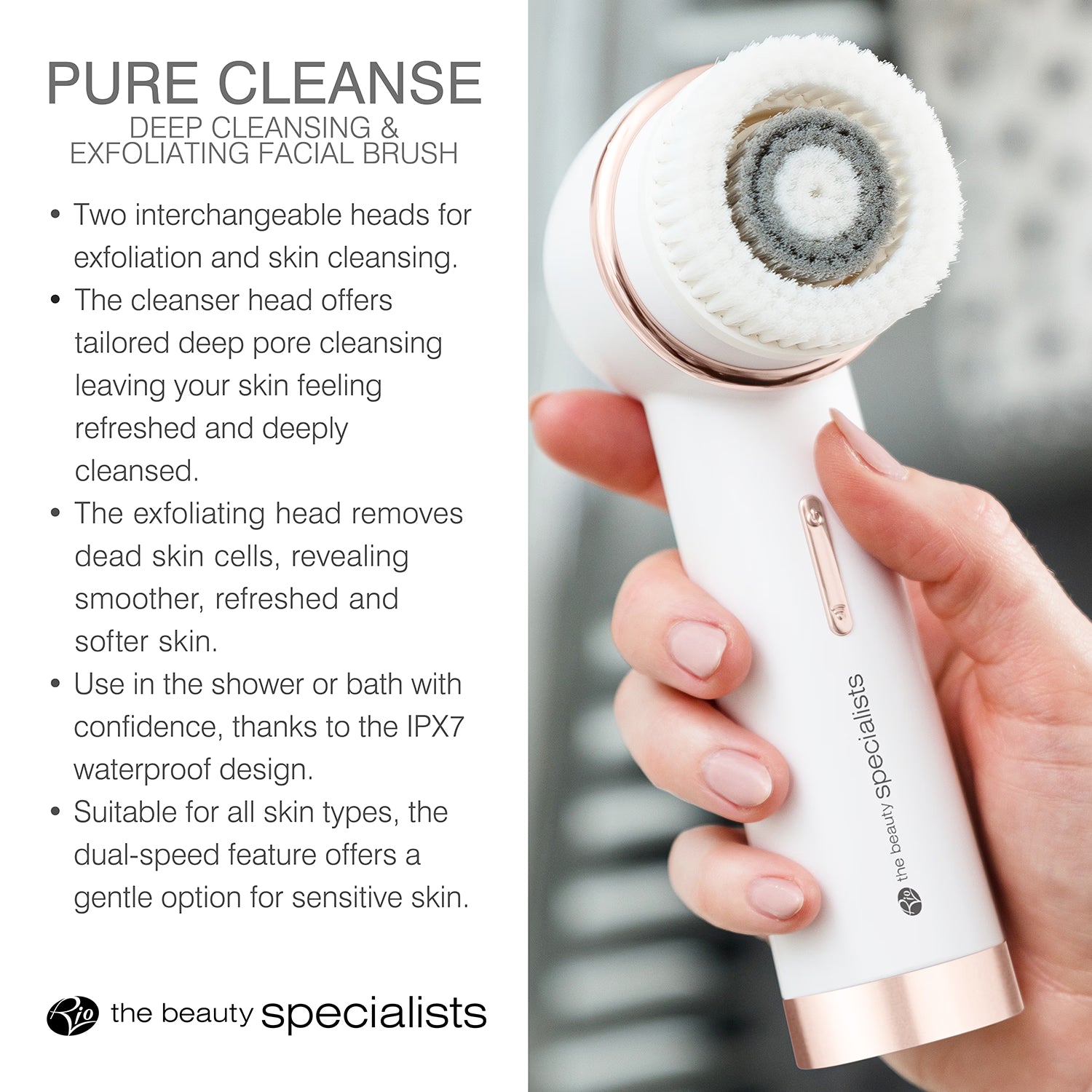 Rio PURE CLEANSE facial brush with two heads, imported from the UK