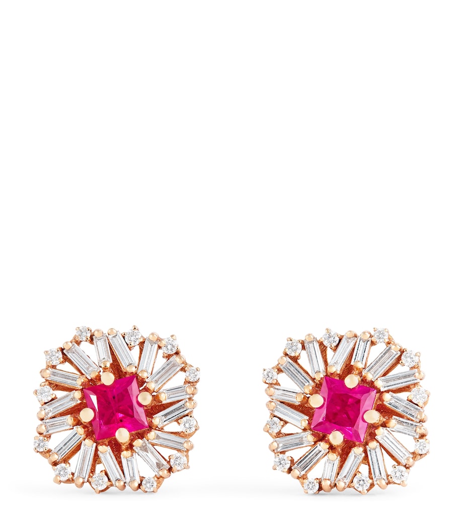 Suzanne Kalan flower stud earrings rose gold diamonds ruby, imported from the UK