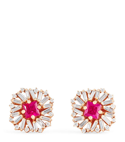 Harrods Suzanne Kalan Rose Gold Diamond and Ruby Flower Stud Earrings- Buy online at McGrocer