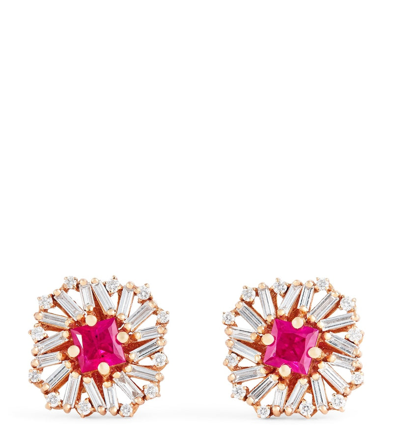Suzanne Kalan flower stud earrings rose gold diamonds ruby, imported from the UK