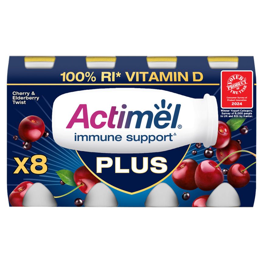 Actimel Plus Cherry & Elderberry Twist Yogurt Drink 8 x 100g