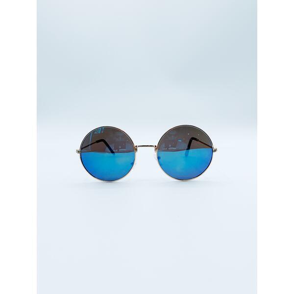 SVNX round metal sunglasses in shiny silver with blue mirror lenses (British brand)