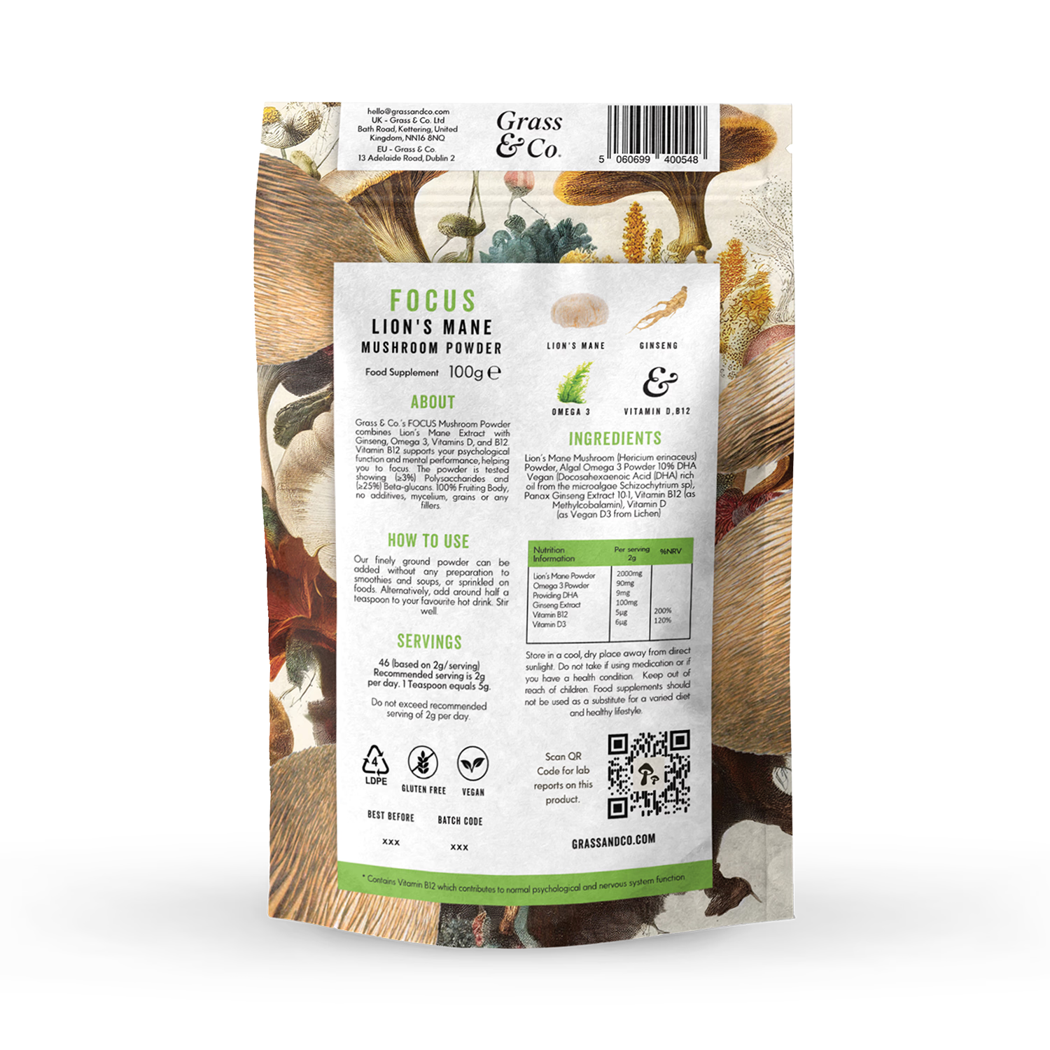 Grass & Co. Lion's Mane Mushroom Powder 100g, UK version