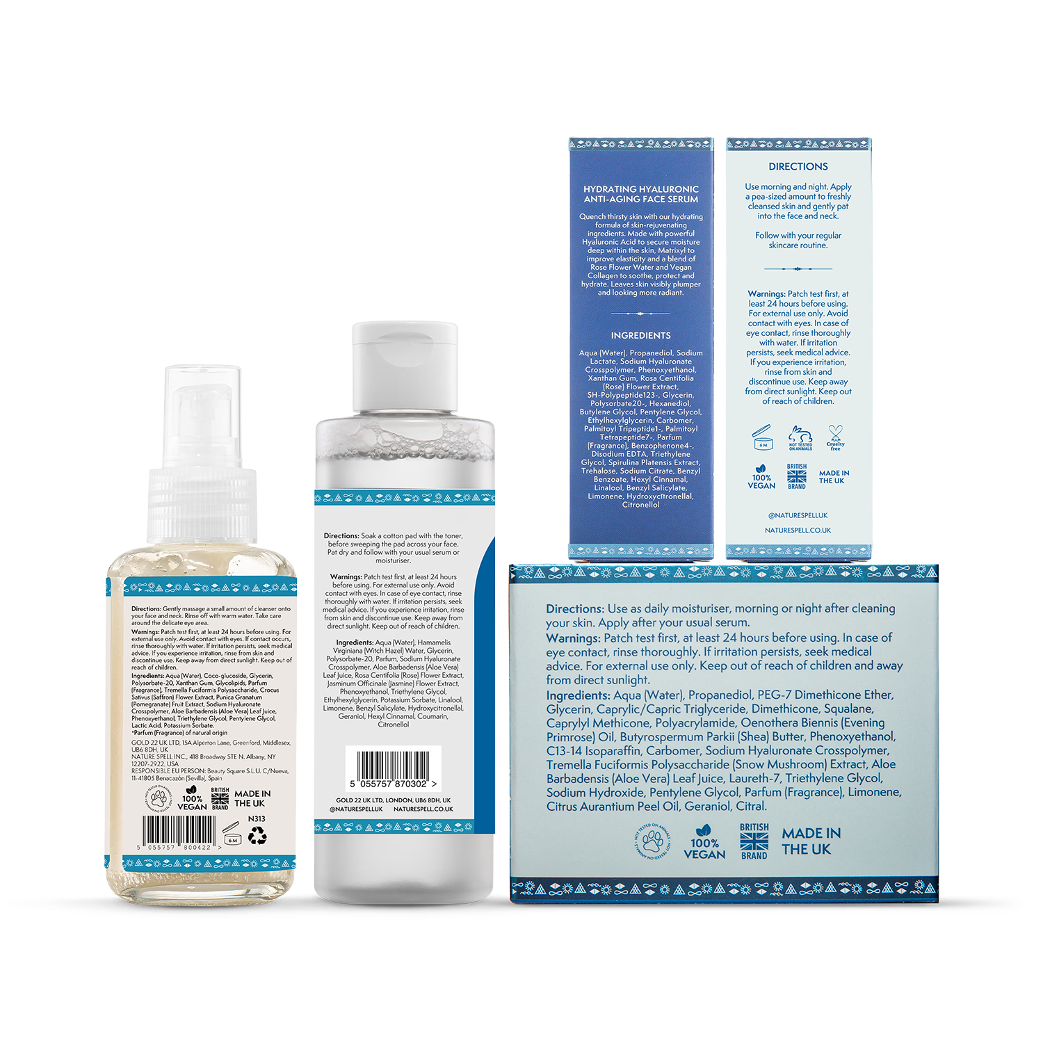Nature Spell hydrating skincare set with hyaluronic acid and snow mushroom (British brand)