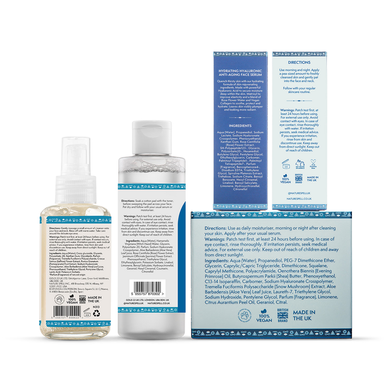 Nature Spell hydrating skincare set with hyaluronic acid and snow mushroom (British brand)