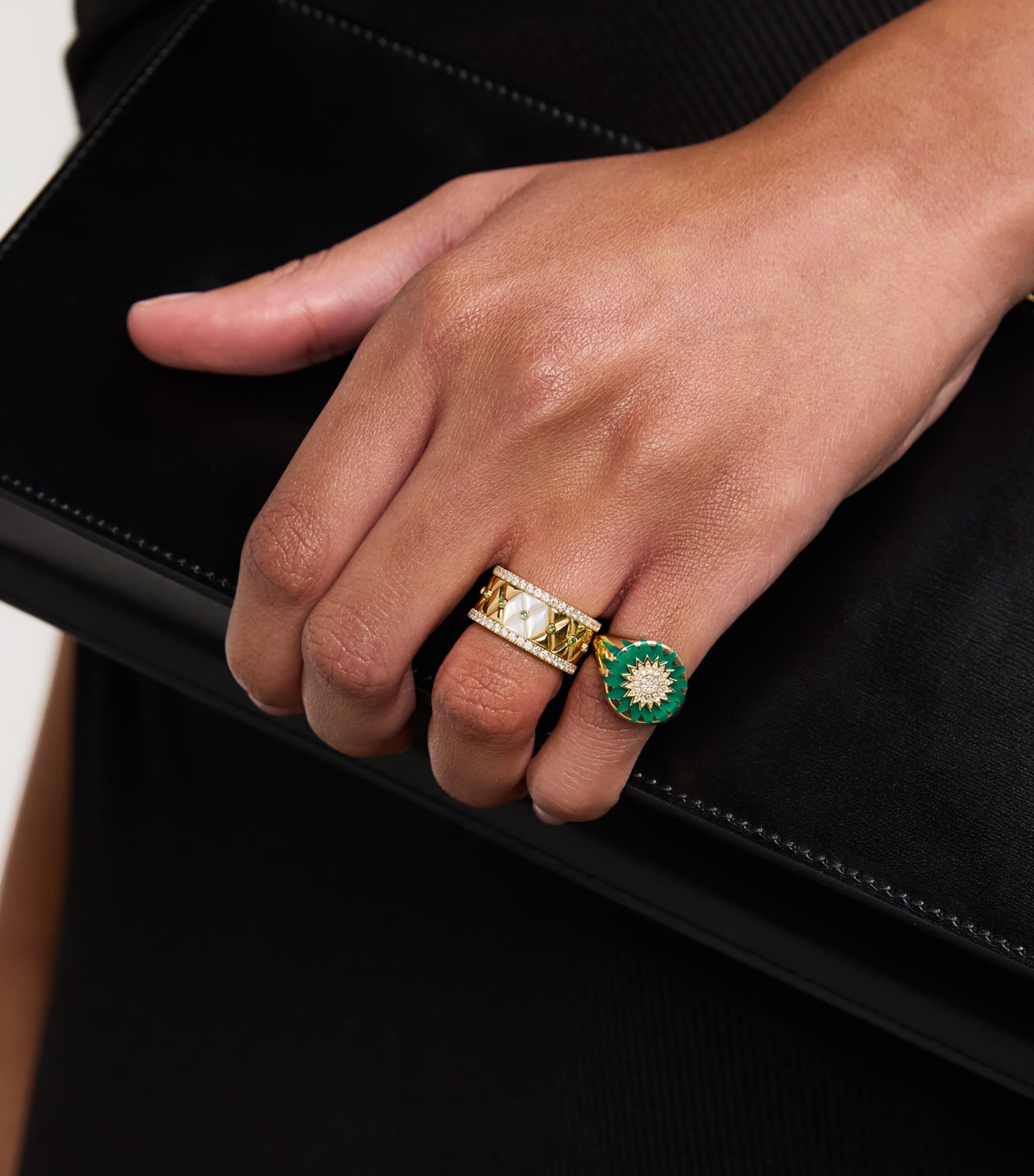 L'atelier Nawbar Small Yellow Gold Diamond Emerald Pearl Bond Street Ring Size 48, UK version