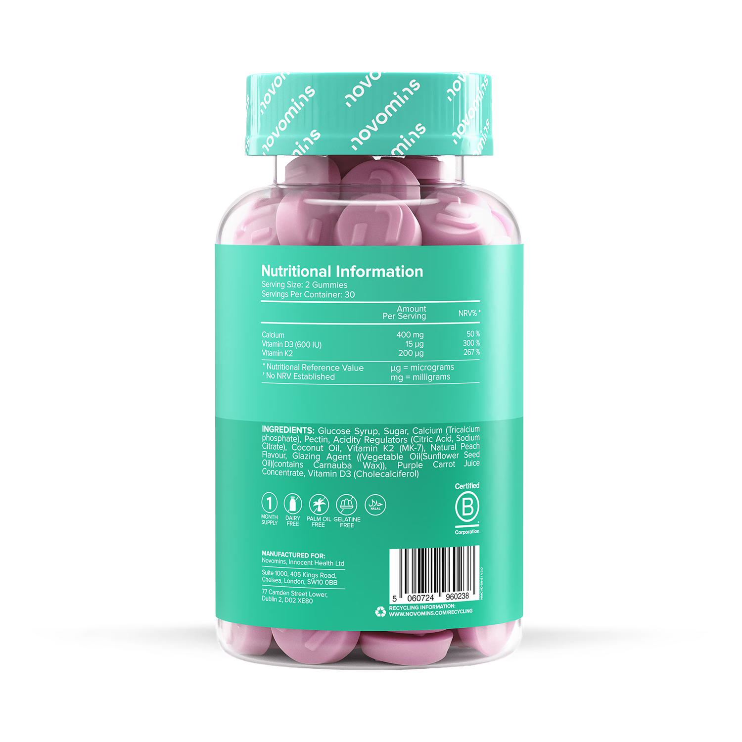 Novomins Calcium gummies peach flavour 60, imported from the UK