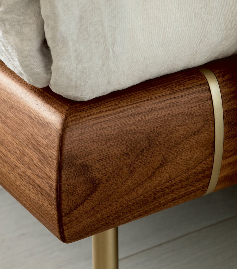 Solid Wood Bed Frame with Brass Inserts and Upholstered Headboard, Approx. 130x214x300cm