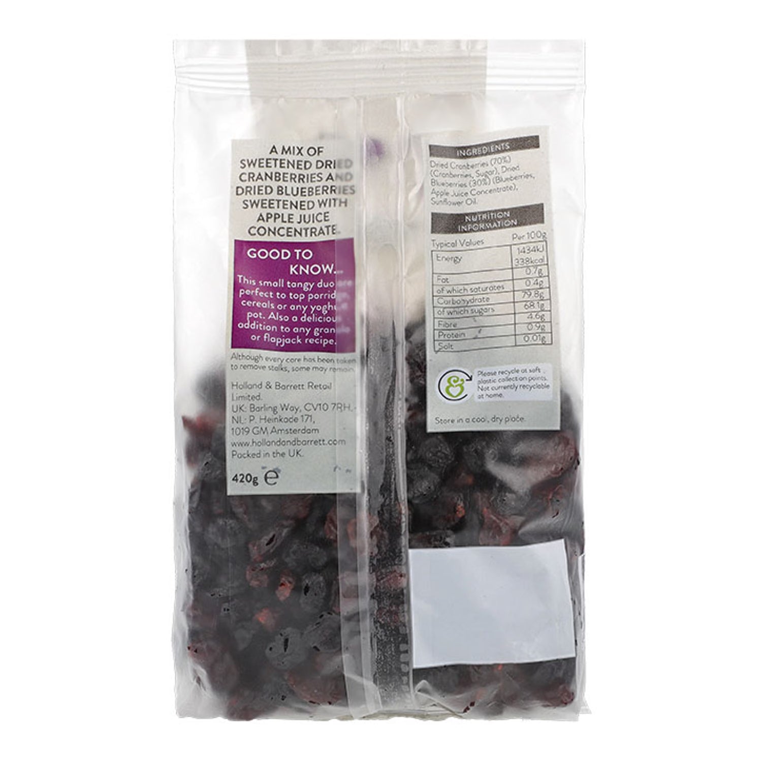 Holland & Barrett cranberry blueberry dried fruit mix 420g, UK version