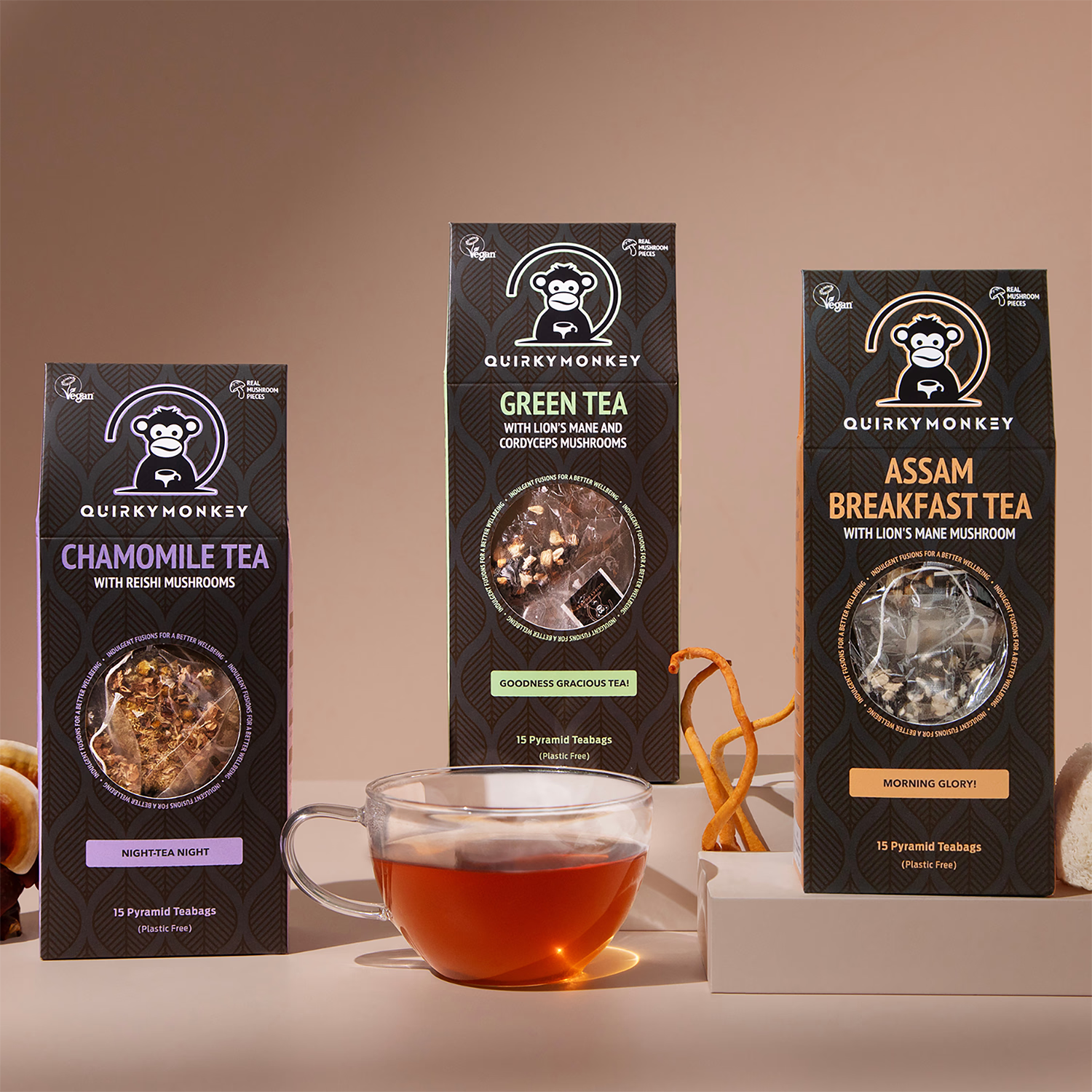 Quirky Monkey chamomile tea reishi mushroom 15 pyramid teabags, imported from the UK