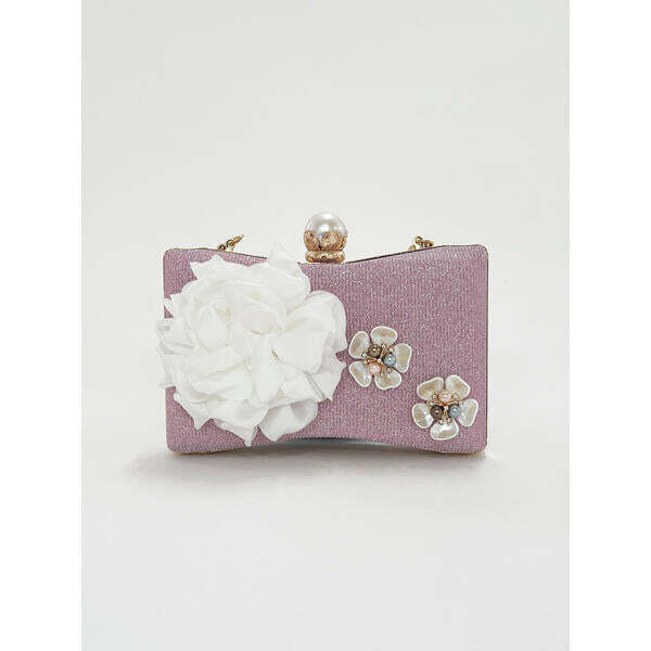 SVNX pink square clutch bag with 3D florals and rhinestone handle - British product