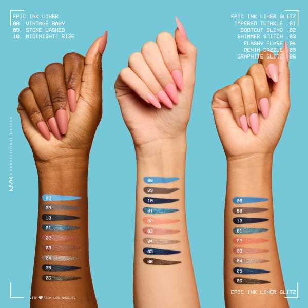 NYX professional makeup liquid eyeliner Denim Dazzle shade, imported from the UK