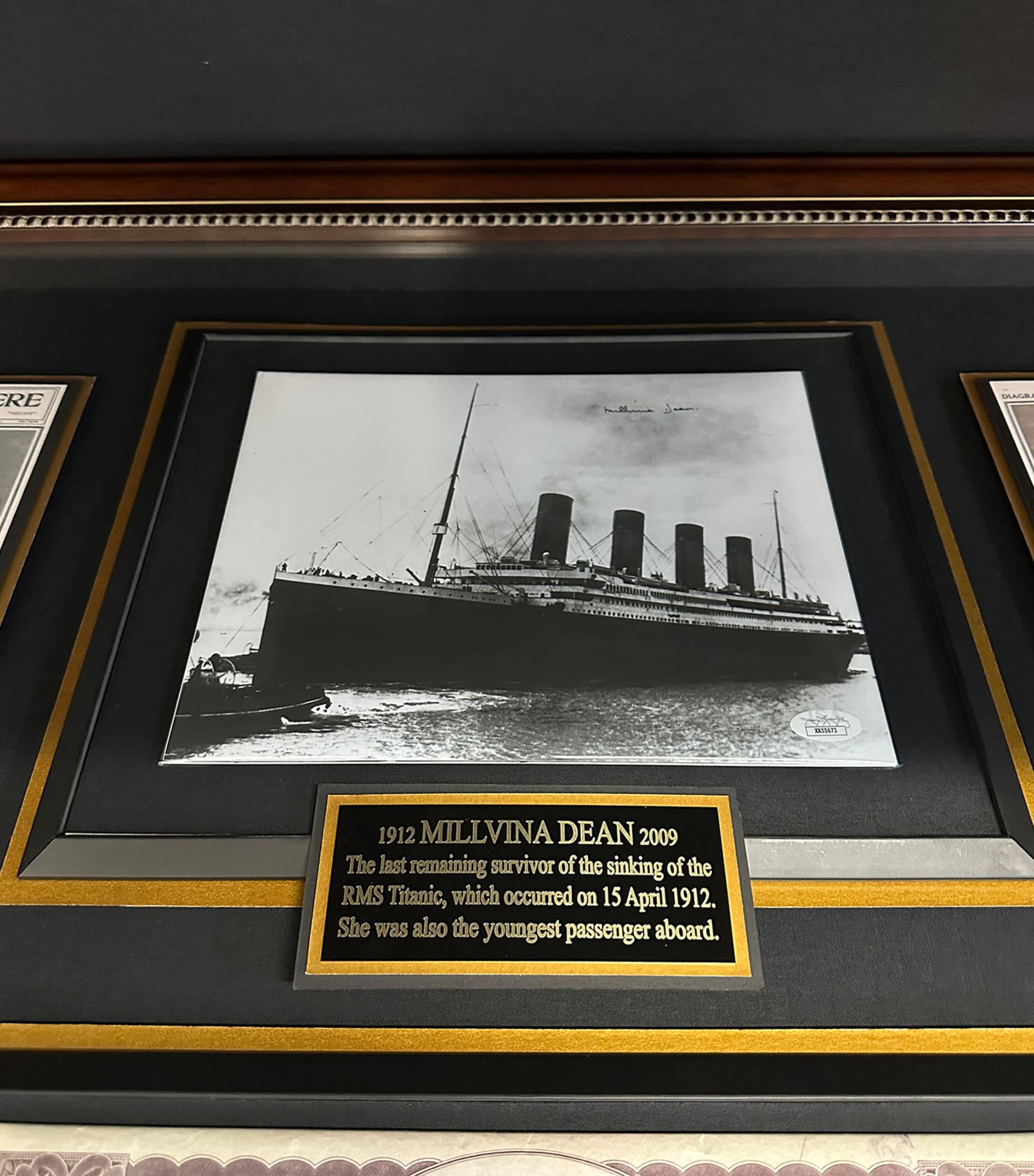Leipzig Galleries Titanic survivor autograph and coal relic display frame 92cm x 92cm, UK version