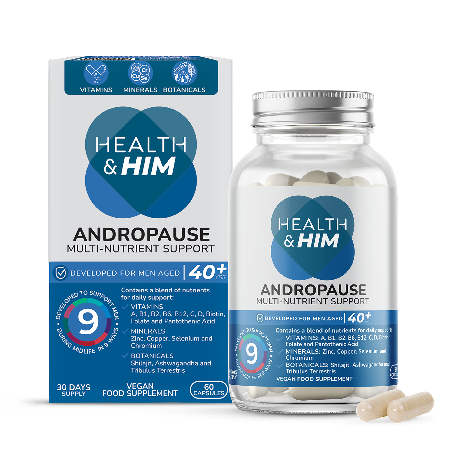 Health & Him Andropause 40+ Testosterone Support 60 capsules - British product