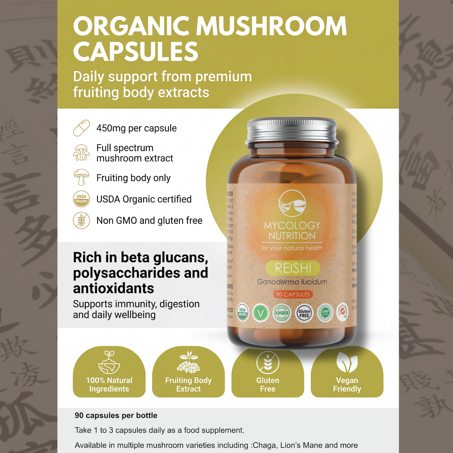 Mycology Nutrition organic reishi capsules 450mg 90 caps, imported from the UK