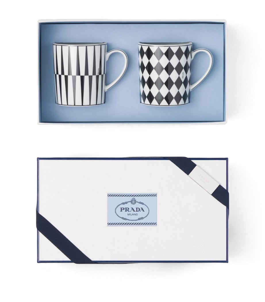 Prada porcelain mugs checkerboard and stripes set of 2, imported from the UK