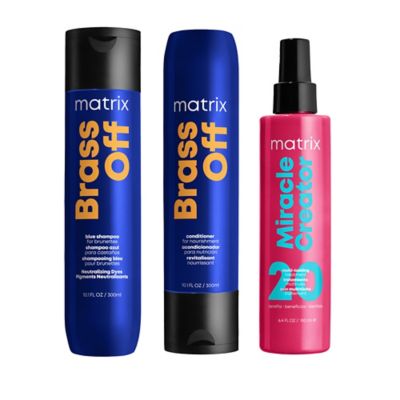 Matrix Brass Off Blue Shampoo, Nourishing conditioner & Miracle Creator 20 For Lightened Brunettes