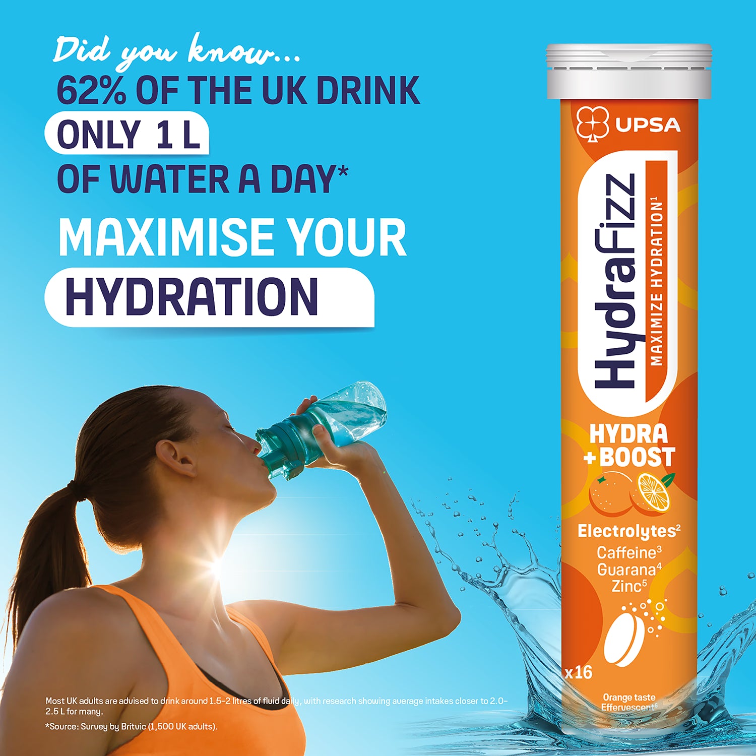 Hydrafizz Hydra + Boost effervescent supplement orange flavour, imported from the UK