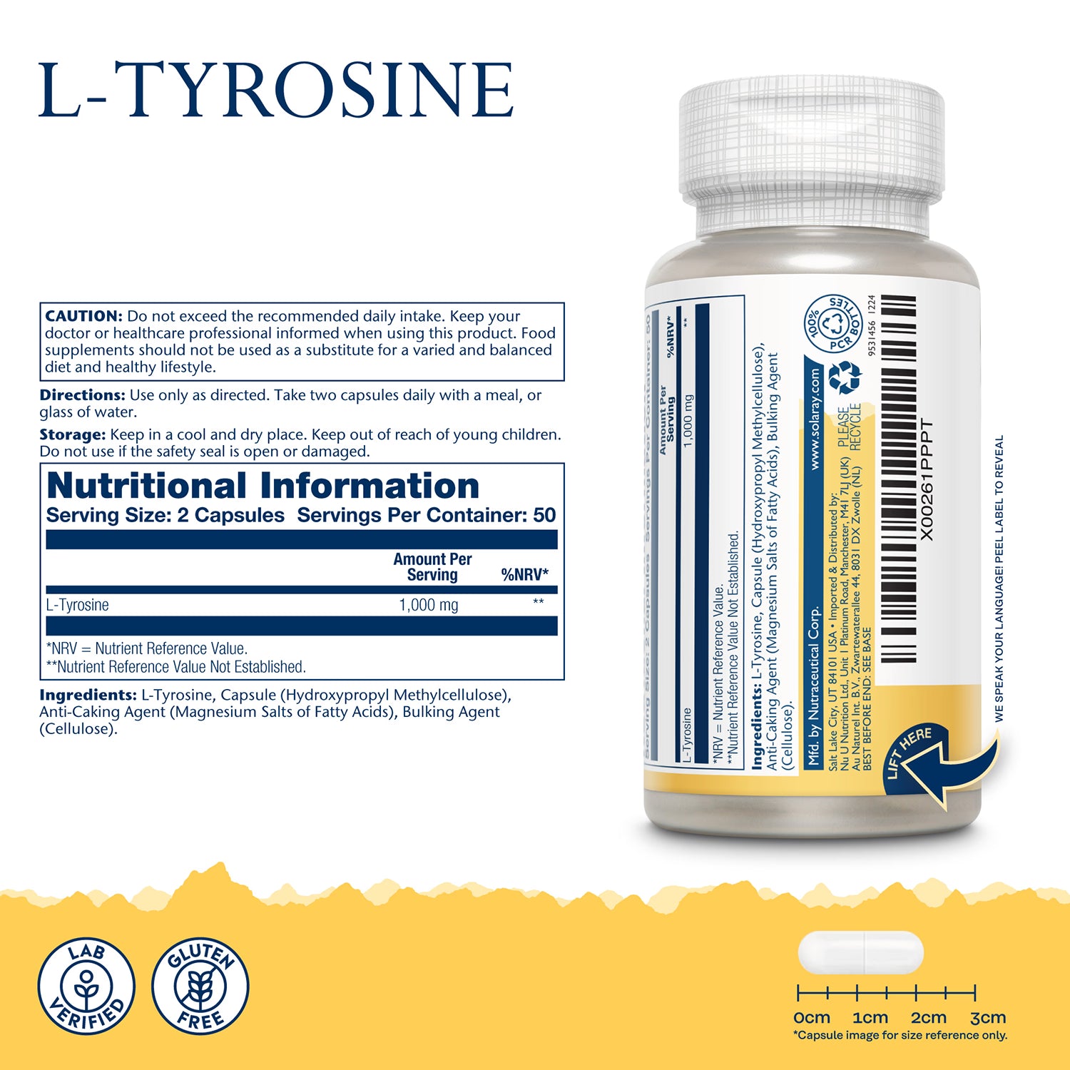 Solaray L-Tyrosine free-form amino acid supplement 60 capsules (British brand)