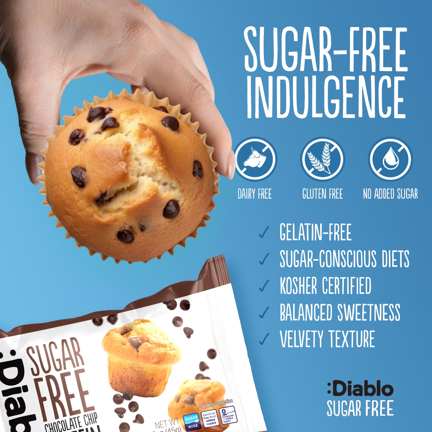 Diablo sugar free chocolate chip muffin 45g pack of 24, imported from the UK