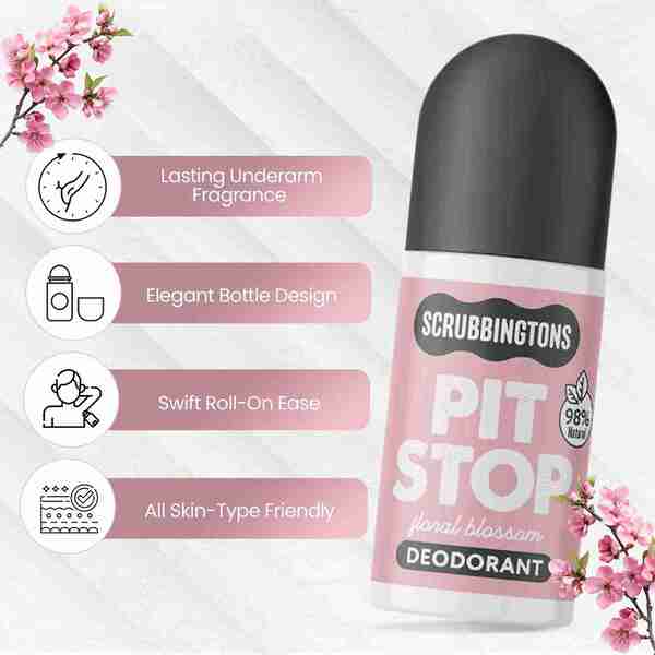 Scrubbingtons Pit Stop Floral Blossom deodorant 75ml 4-pack, imported from the UK