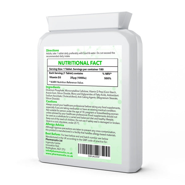 Pharmanostix Vitamin D3 1000 IU 180 Vegan Tablets, UK version